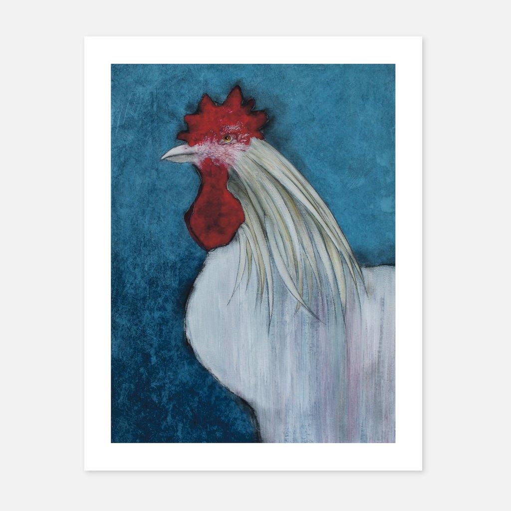 Sylvia Parkinson Brown - White Rooster on Prussian Blue - Fierce Nice