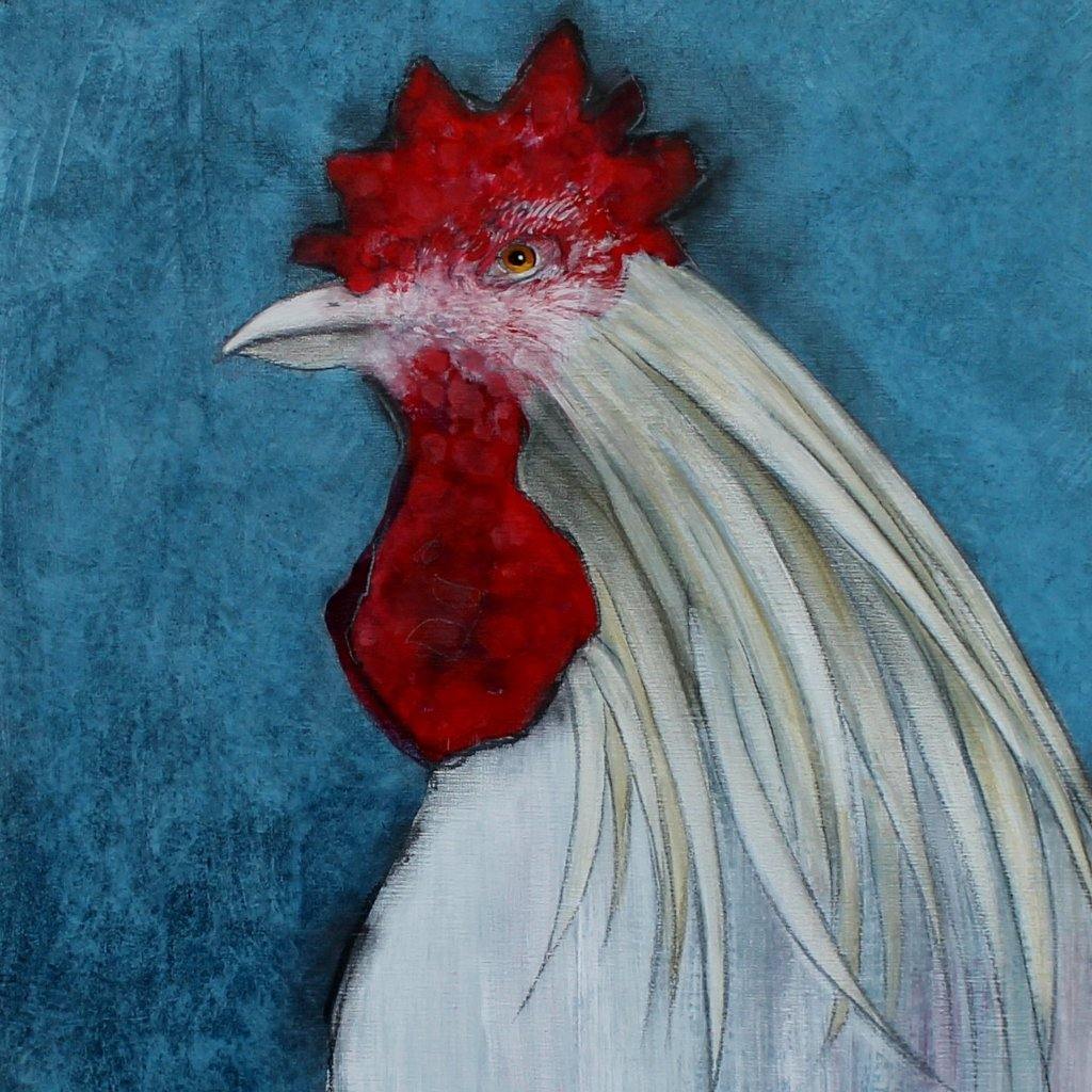 Sylvia Parkinson Brown - White Rooster on Prussian Blue - Fierce Nice